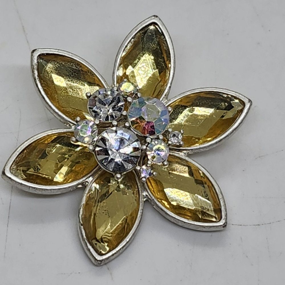 Vtg Silver Tone Champagne Yellow Marquis Rhinestone Daisy Floral Flower